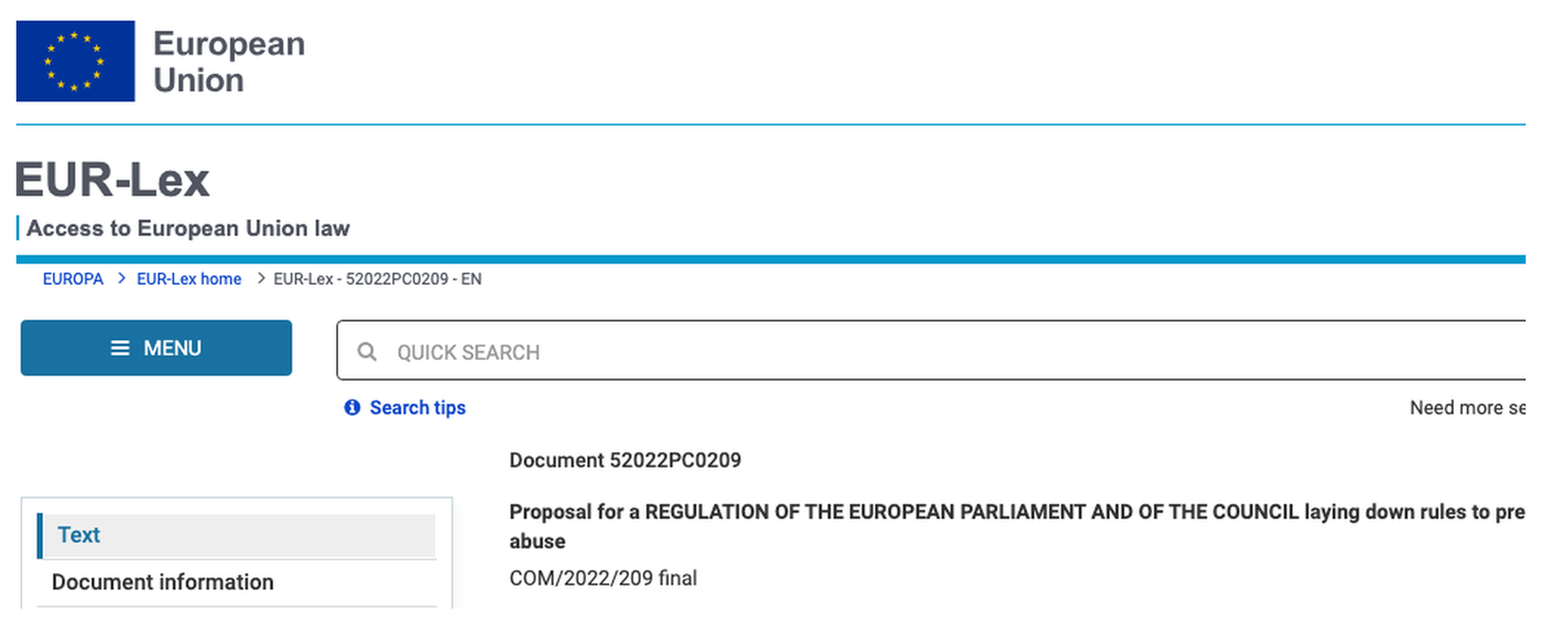 EUR-Lex page for document COM/2022/209 final: the European Union flag and the EUR-Lex banner above the title Proposal for a Regulation laying down rules to prevent and combat child sexual abuse.