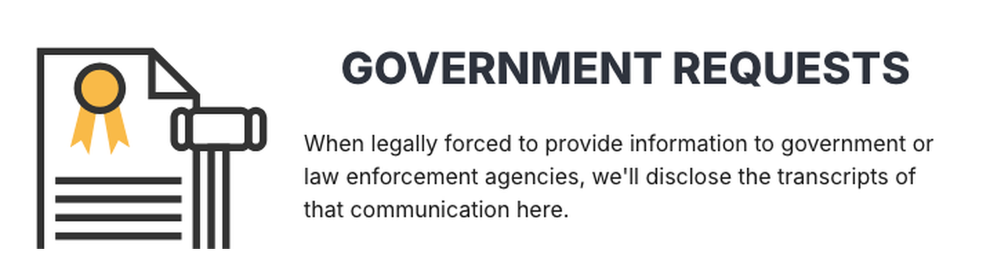 Signal government requests page: the Signal wordmark and the heading GOVERNMENT REQUESTS, above the line saying transcripts of legally compelled disclosures are published there.