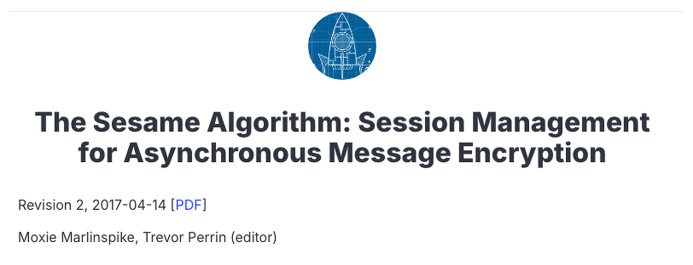 Header of the Sesame specification on signal.org: the title The Sesame Algorithm, Session Management for Asynchronous Message Encryption, Revision 2 dated 2017-04-14, by Moxie Marlinspike and Trevor Perrin.