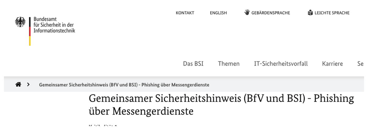 Header of the joint BfV and BSI security advisory on the BSI site, titled Gemeinsamer Sicherheitshinweis (BfV und BSI) - Phishing ueber Messengerdienste.